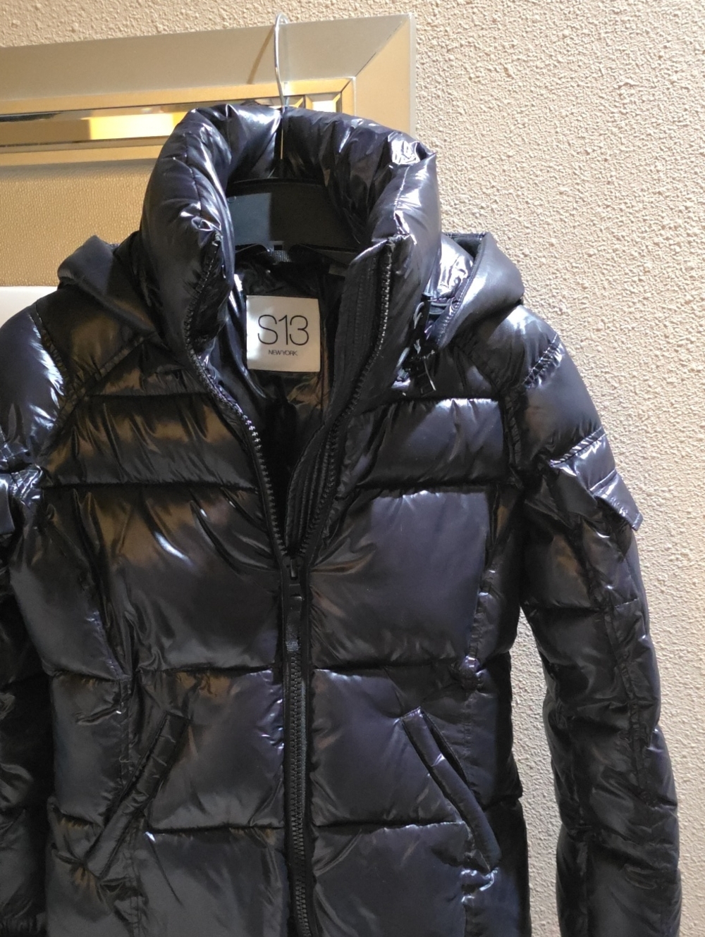 S13 Black High-Shine Puffer Jacket with Hood